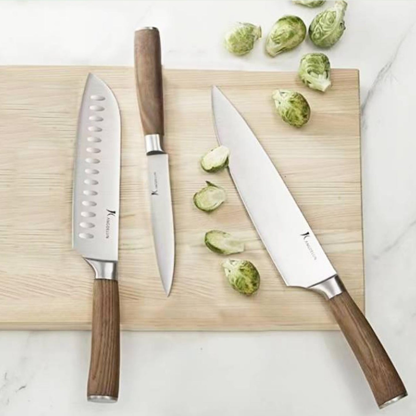 kangdelun Ultra Sharp 4-Piece Chef Knife Set, 50Cr15MoV High-Carbon Stainless Steel, Torrefied Brown Ash Wood Handles, Magnetic Gift Box