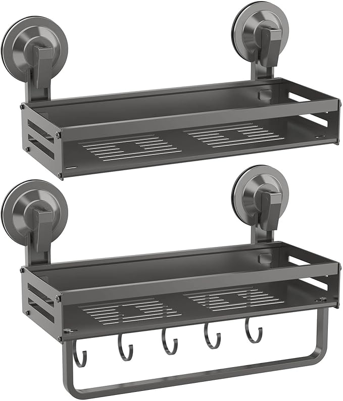 Onemake Shower Caddy Suction Cup, 2 Pack 11.8 inch Aluminum Suction Showers Organizer with Towel Bar & Hooks, Rustproof Shower Shelves, NO-Drilling Bathroom Shelf Storage Rack, Gray
