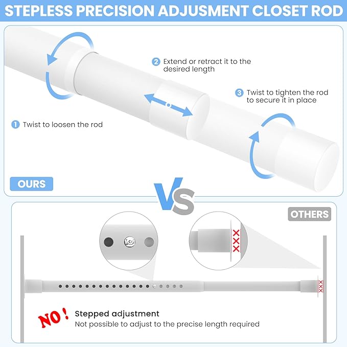 Closet Rods for Hanging Clothes, 17 to 39 Inch Heavy Duty Stepless Adjustable Closet Hanging Rod, 1.3 Inch Diameter Metal Closet Rod for Wardrobes Laundry Bedroom RV, White