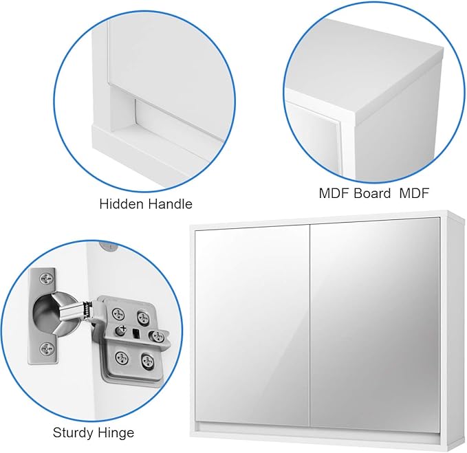 Tangkula Bathroom Medicine Cabinet, 2-Tier Wall-Mounted Storage Cabinet with Double Mirror Doors, Multipurpose Kitchen Bathroom Medicine Storage Cabinet, White (22" x 18")