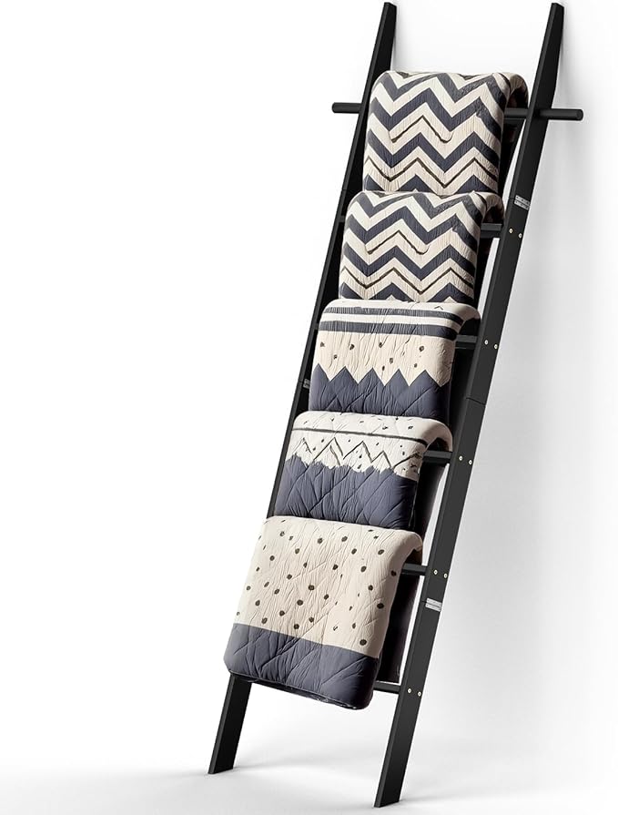 Farmhouse 6 Ft Wooden Blanket Ladder with Removable Hooks, 6-Tier Rustic Blanket Rack Decorative Stand, Leaning Towel Quilt Display Holder Storage for Bathroom Living Room Decor Black