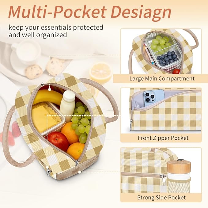 Coobiiya Lunch Bag Lunch Box for Women Men, Cute Corduroy Lunch Tote Bags Insulated Reusable LunchBox Large Capacity Cooler Bag for Work Travel Picnic