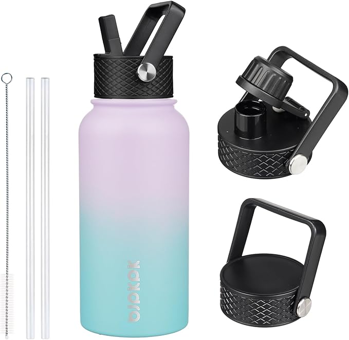 BJPKPK Insulated Water Bottles with Straw Lid, 27oz Stainless Steel Water Bottle with 3 Lids, Leak Proof BPA Free Metal Thermo, Mugs, Tumblers, Keep Cold Hot - Lavender Green