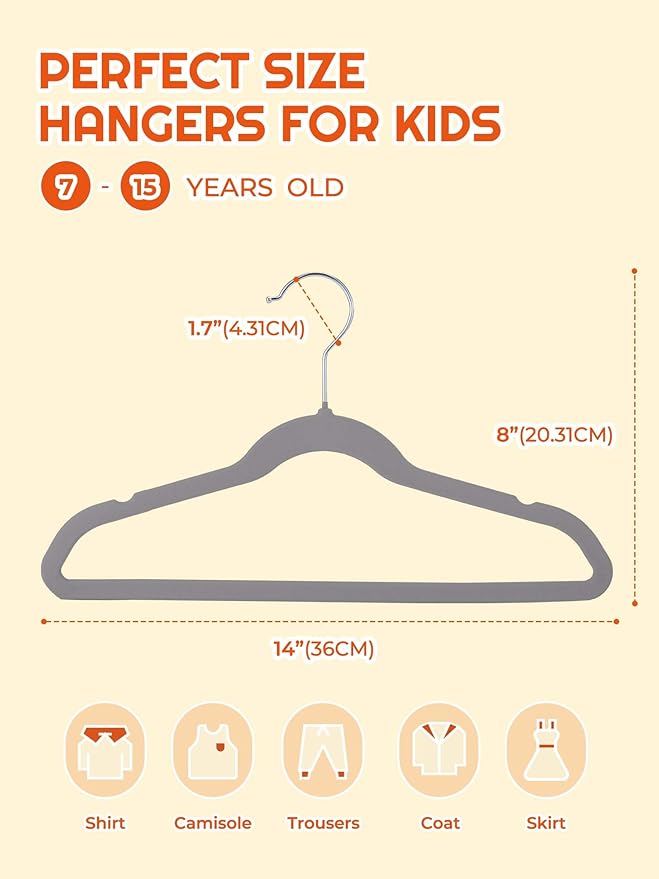 HOUSE DAY 14 Inch Kids Velvet Hangers 50 Pack, Durable Big Kid Hangers for Youth, Teen, Non Slip Kids Felt Hanger, Cute Childrens Hanger for Closet, Grey