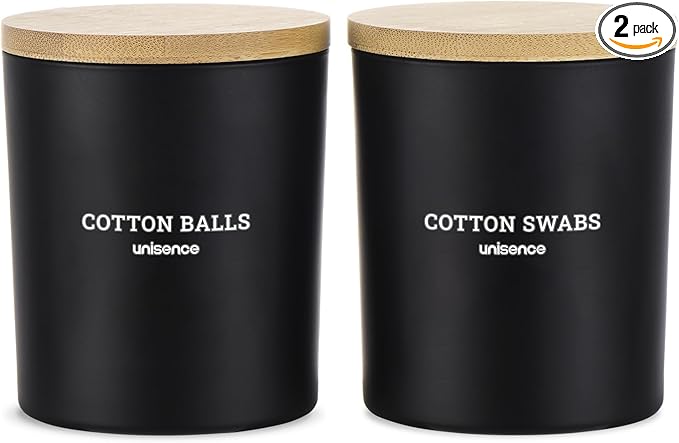 Glass Qtip Holder 2 Pack , Qtip Holder Dispenser Bathroom Set Bathroom Organizers and Storage Q tip Holder with Lid Makeup Storage Organizer for Cotton Swabs,Cotton Balls,Pads,Floss Picks ,Black