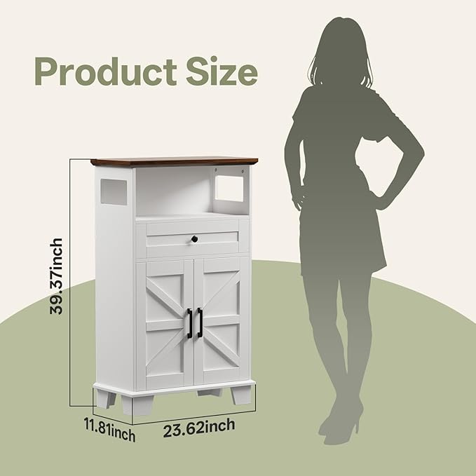 Farmhouse Bathroom Storage Cabinet with Drawer & Adjustable Shelves, White 23.6" Wide Freestanding Floor Cabinet, Barn Door, Sturdy Wood, for Kitchen, Entryway (23.6 * 11.8 * 39.3" (Floor))