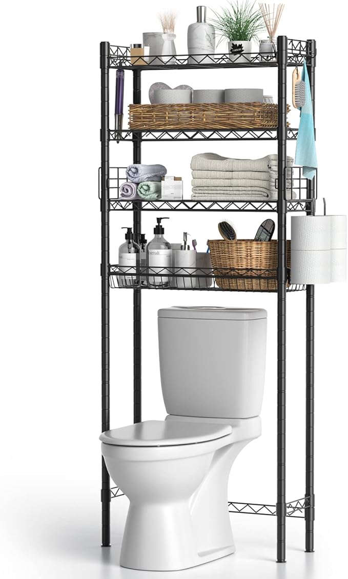 Over Toilet Bathroom Organizer, Adjustable 4-Tier Over The Toilet Storage Shelf Sturdy Bathroom Shelves, Freestanding Above Toilet Storage Rack Stable Bathroom Space Saver, Black