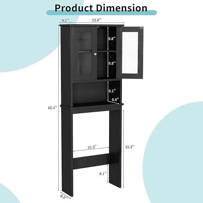 Shintenchi Over The Toilet Storage Cabinet, Bathroom Shelf Organizer with Anti-Tip Device Small Freestanding Space Saver with Adjustable Shelf and Glass Door, Black