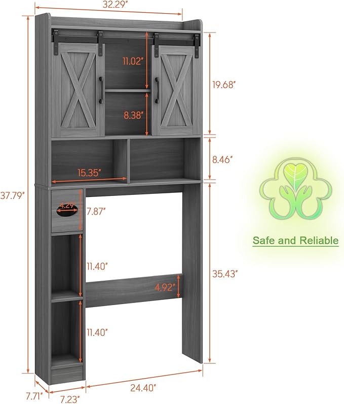 Farmhouse Over The Toilet Storage Cabinet with Sliding Door & Toilet Paper Holder Stand, Space-Saving for Bathroom & Restroom, Wash Grey