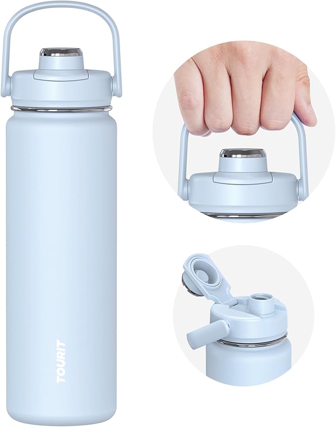 TOURIT 24 oz Insulated Water Bottle, Stainless Steel Sports Water Bottles With Top Handle, Double-Wall Travel Thermal Water Flask, BPA Free Leakproof Bottle for Sports and Travel,Cloud Blue
