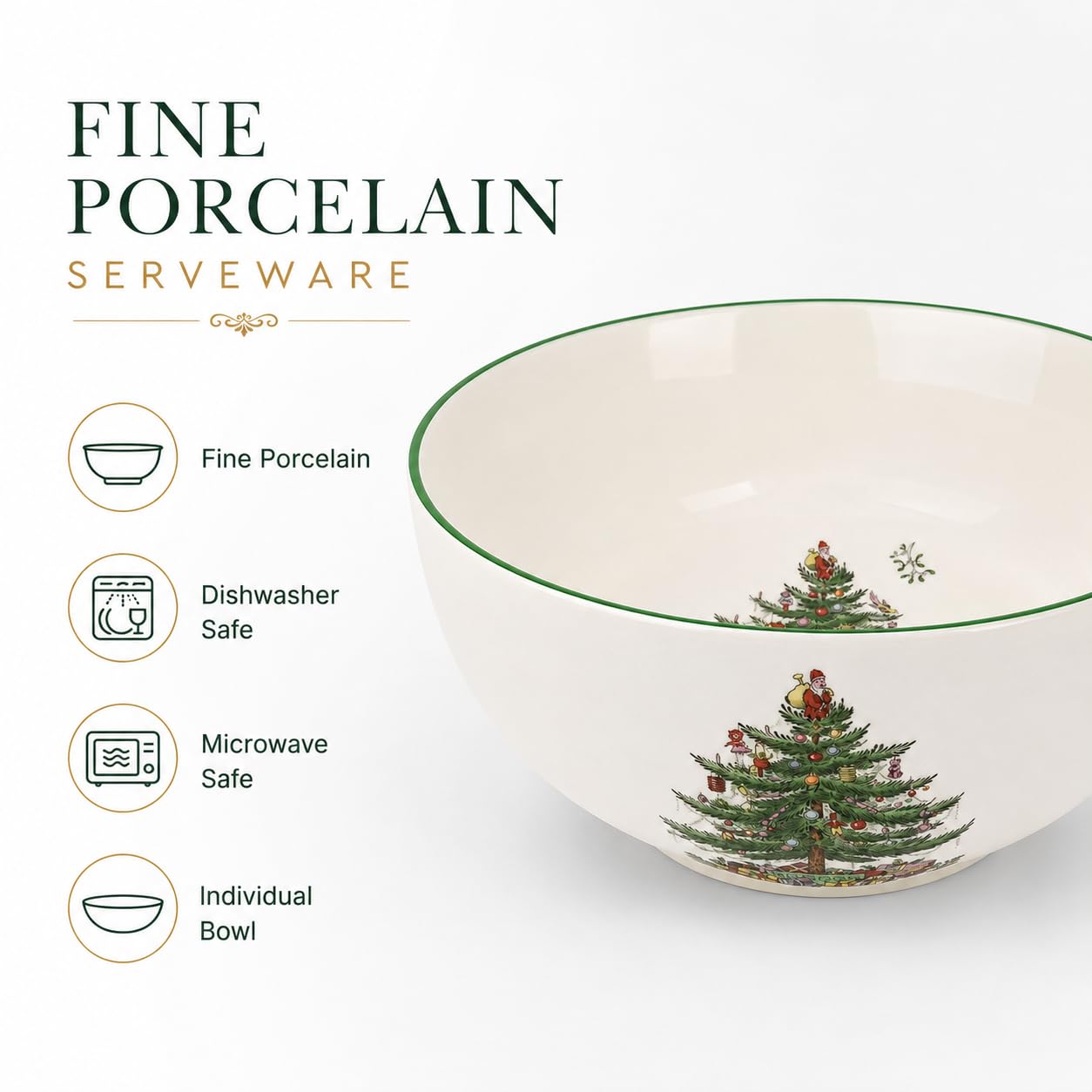 Spode Christmas Tree Large Round 10 Inch Bowl - Porcelain Serving Dish for Salad, Pasta, and Side Dishes - Iconic Holiday Design with Green Trim, Dishwasher, Microwave Safe - Festive Gatherings