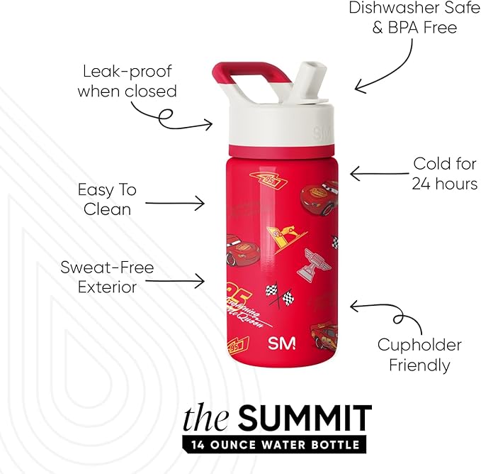 Simple Modern Disney Pixar Lightning McQueen Kids Water Bottle with Straw Lid | Reusable Insulated Stainless Steel Cup for Boys, Girls, School | Summit Collection | 14oz, Cars Lightening Speed