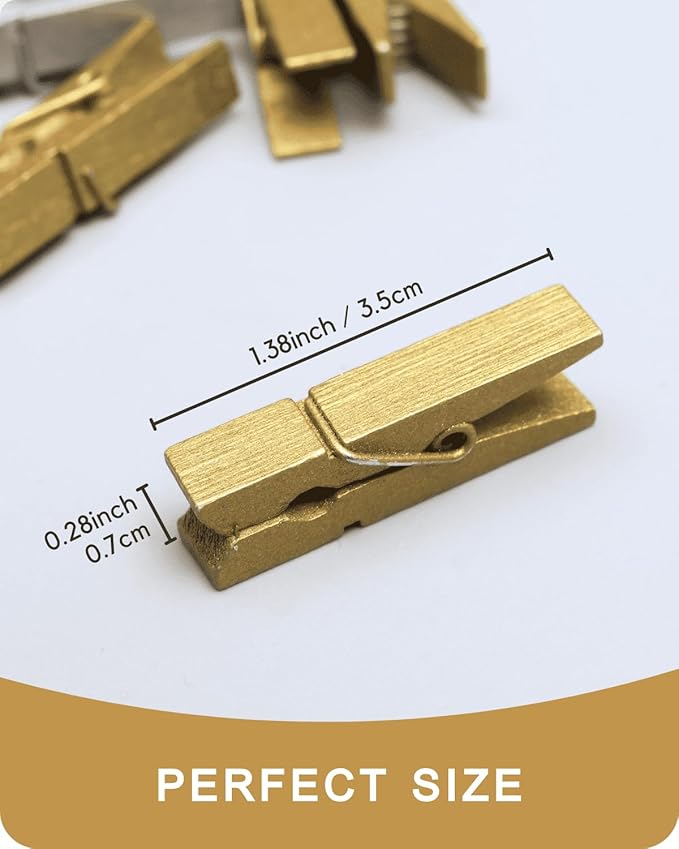 Mini Clothes Pins Wooden Colored Small Clothespins for Photo 1.4 Inch 50 PCS Gold, Tiny Clips Close Pin for Baby Shower Classroom Crafts Project Decorations Hanging Pegs