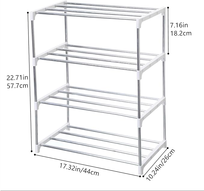 Stackable Small Shoe Rack, Entryway, Hallway and Closet Space Saving Storage and Organization (4-Tier, White)