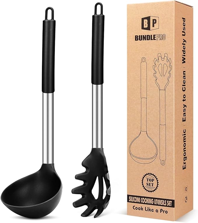 BUNDLEPRO Silicone Pasta Fork and Soup Ladle Spoon Set, 2 Pack, Pink