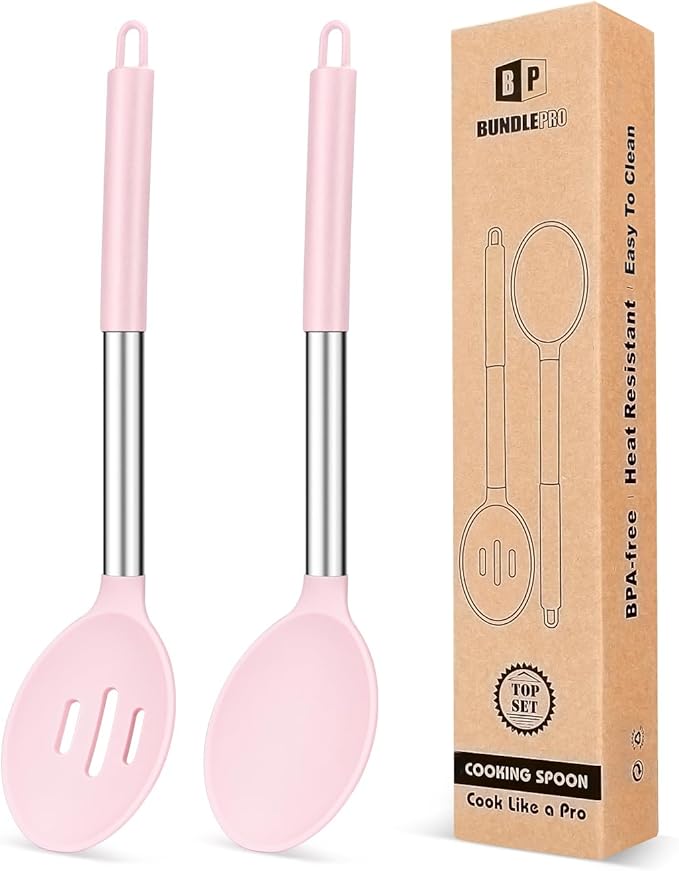 BUNDLEPRO Silicone Cooking Spoons for Nonstick Cookware, 2 Pack, KHAKI