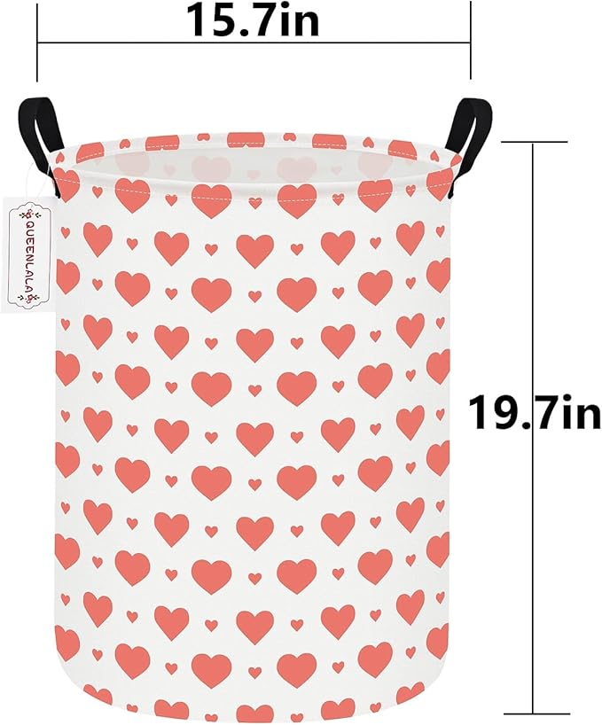 QUEENLALA Large Storage Basket,Laundry Hamper/Bathroom/Home Decor/Collapsible Round Storage Bin,Boys and Girls Hamper/Boxes/Clothing(Round-Pink Heart)