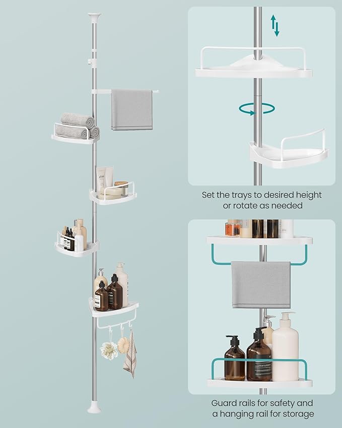 SONGMICS Corner Shower Caddy Tension Pole, 4-Tier Rust-Resistant Shower Organizer, Shower Shelf, Drill-Free, 35.8 to 118.1 Inches, Height Adjustable Trays, for Bathroom, Cloud White UBCB008W01