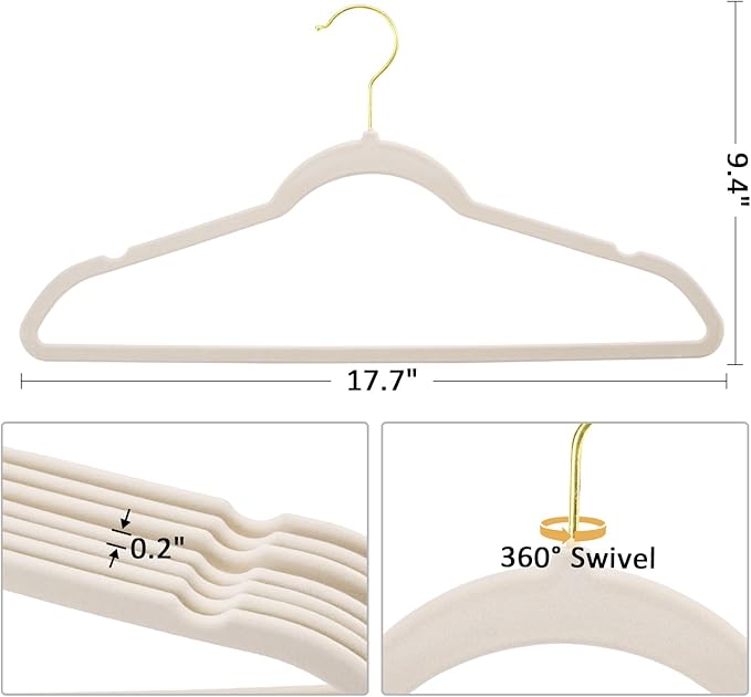 Velvet Hangers 30 Pack, Non Slip Clothes Hanger Heavy Duty for Suit/Coat, Premium Felt Slim Space Saving Suit Hangers for Closet Organizer, 360° Rotating Gold Hook - Ivory