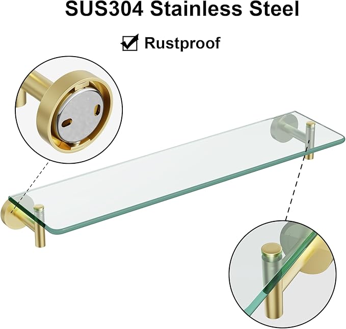 Glass Shelves for Bathroom,20-Inch Brushed Gold Floating Bathroom Shelf Stainless Steel Tempered Glass Shelf Modern Shelves Wall Mounted