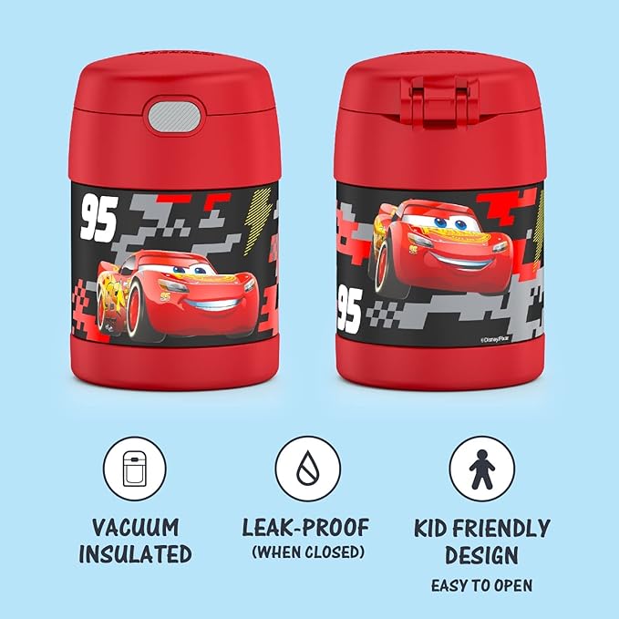 THERMOS FUNTAINER Insulated Food Jar, 10 Ounce, Kid Friendly Food Jar with Foldable Spoon, Cars