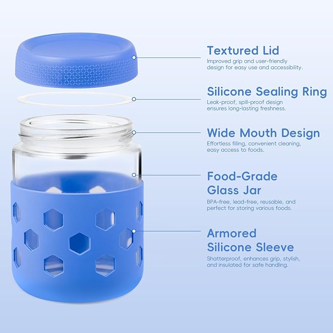Gemice 6-Pack 16oz Glass Mason Jars with Silicone Sleeves, Airtight BPA-Free Overnight Oats Containers with Lids, Dishwasher Safe Leak-Proof Meal Prep Jars for Chia Pudding, Yogurt, Snacks