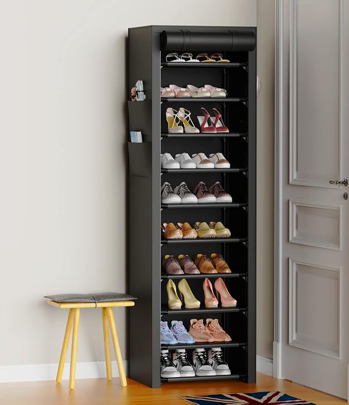 VTRIN Vertical Narrow Shoe Rack Organizer 10 Tier Tall Shoe Shelf Holds 20-22 Pairs with Non-Woven Dustproof Cover for Closet, Entryway Black