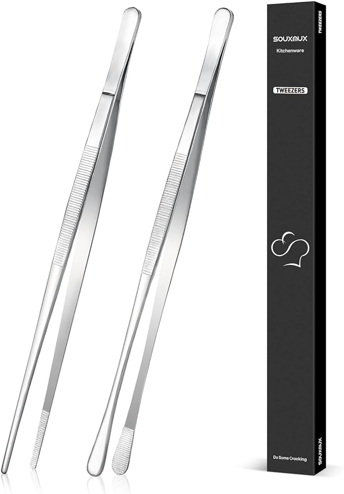 2 Pcs 12-inch Cooking Tweezers Tongs Precision Serrated Tips, Stainless Steel Professional Chef Tweezer Kitchen Tools for BBQ, Plating and Serving (Black)