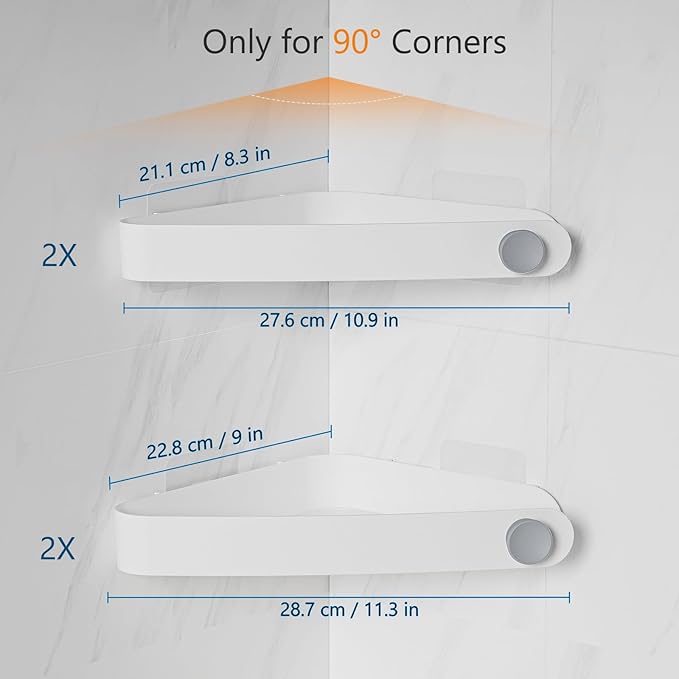 Sotfamily Plastic Shower Caddy Corner (For 90° Only), 4 Pack Adhesive Corner Shower Shelves for Bathroom Organizers and Storage, White
