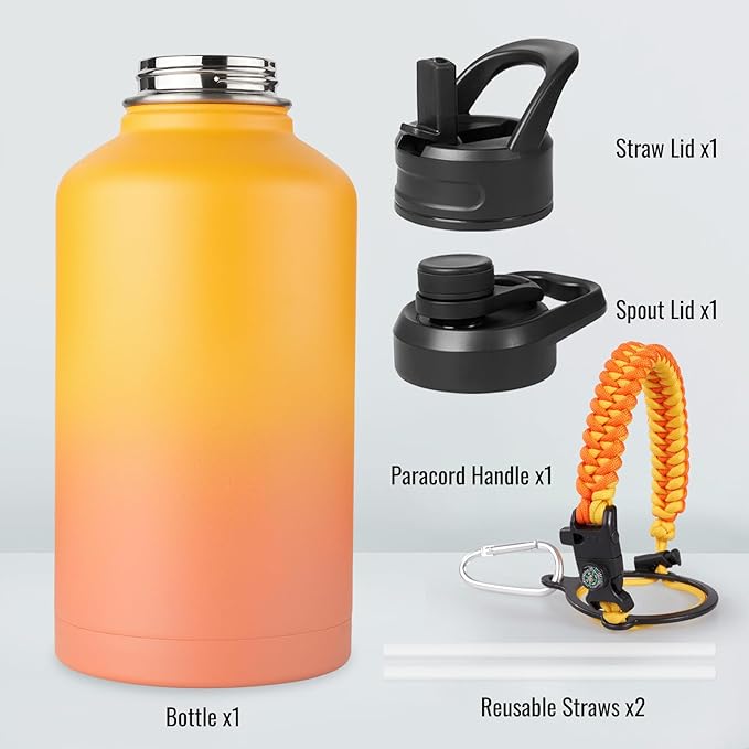 Gallon Water Bottle with 2 Lids (Straw & Spout), 304 Stainless Steel Water Jug with Handle and Wide Mouth, 1 Gallon Vacuum Double Walled Jug for Sports, Outdoors, Yellow&Orange 128 oz
