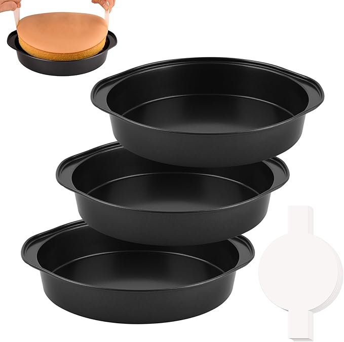 HUAKENER 3 Pack Round Cake Pans, Carbon Steel Pan with Parchment Paper