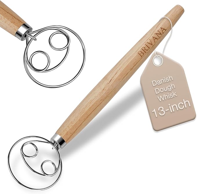 Danish Dough Whisk for Sourdough Bread, 13-Inch Bread Whisk with Wooden Handle, Stainless Steel Single Loop Dough Mixer and Sourdough Whisk for Bread Making, Pizza Dough, Batter and Pastry