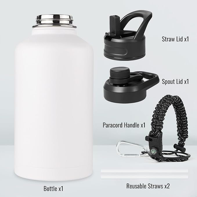 Gallon Water Bottle with 2 Lids (Straw & Spout), 304 Stainless Steel Water Jug with Handle and Wide Mouth, 1 Gallon Vacuum Double Walled Jug for Sports, Outdoors, Leak-Proof, White 128 oz