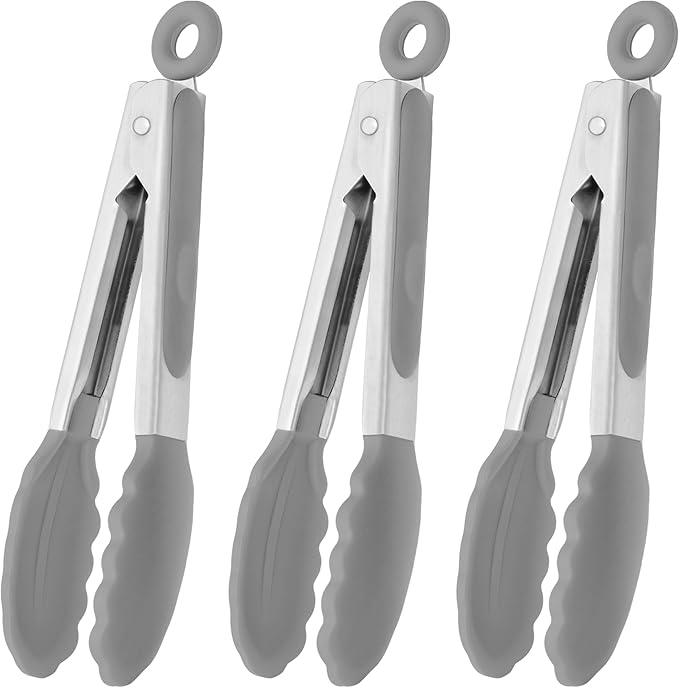 HINMAY Small Silicone Tongs 7-Inch Mini Serving Tongs, Set of 3 (Black Gray White)