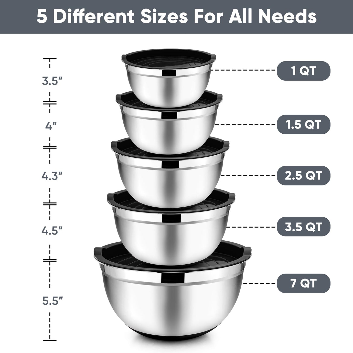 TeamFar Mixing Bowls, Salad Bowls with Airtight Lids, Black