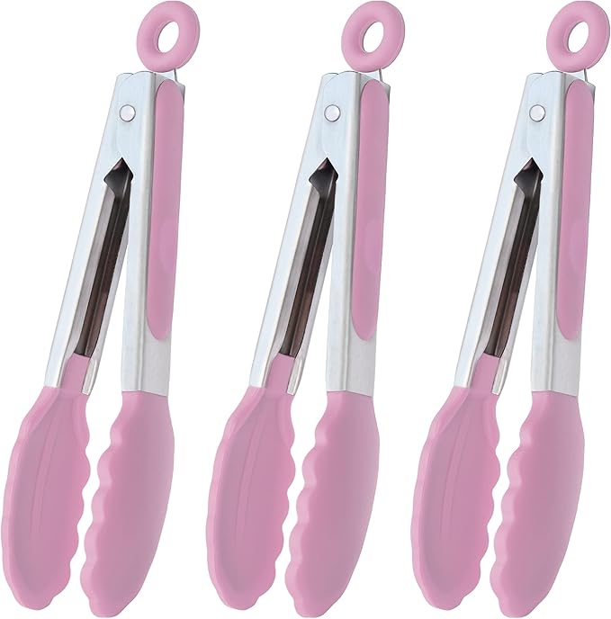 HINMAY Small Silicone Tongs 7-Inch Mini Serving Tongs, Set of 3 (Black Gray White)