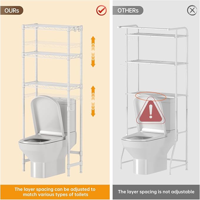 Over The Toilet Shelf,3-Tier Adjustable Freestanding Metal Bathroom Organizer Shelves with Toilet Paper Holder & Hooks,Space-Saving for Narrow Small Bathroom,10”D x 24”W x 66”H,White