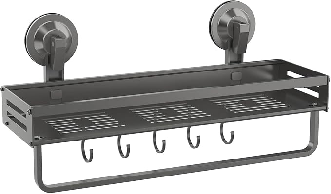 Onemake Shower Caddy Suction Cup, 1 Pack 15.7 inch Aluminum Suction Showers Organizer with Towel Bar & Hooks, Rustproof Shower Shelf for Inside Shower, NO-Drilling Bathroom Holder Storage Rack, Gray