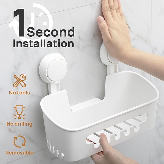 LEVERLOC Shower Caddy Suction Cup Set Shower Organizer & Soap Holder & Toothbrush Holder, Bathroom Shelf Basket NO-Drilling, Removable Suction Storage Waterproof Bathroom Caddy, White | Shower Organizer, Soap Holder, Toothbrush Holder, Removable Suctio...