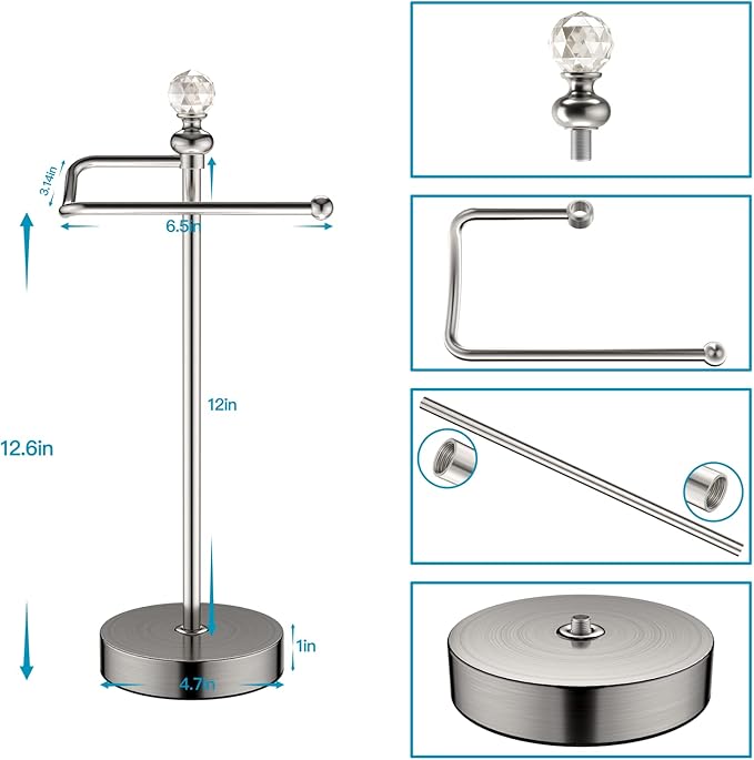 Heavy Weighted Hand Towel Holder with Crystal Ball - Stand, 15.7'' Tall, Brushed Nickel