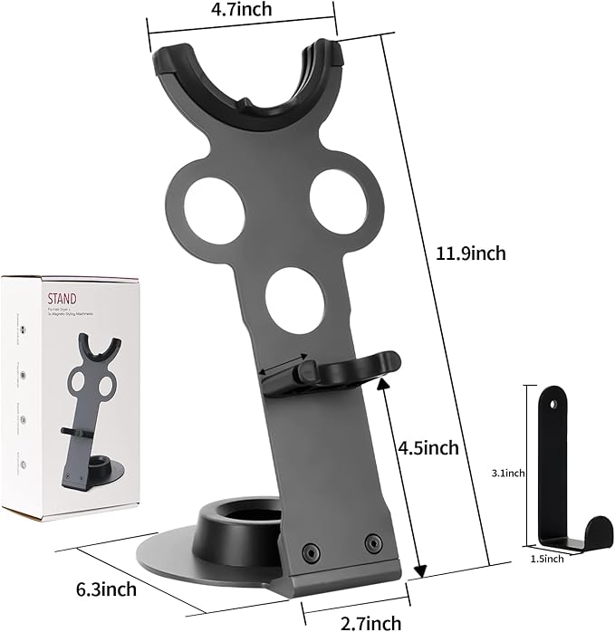 Hair Dryer Holder Stand for Dyson Hair Dryer, Upgraded Dyson Hair Dryer Holder Dyson Hair Dryer Stand Black to Store 5 Dyson Hair Dryer Attachments with Cable Hook