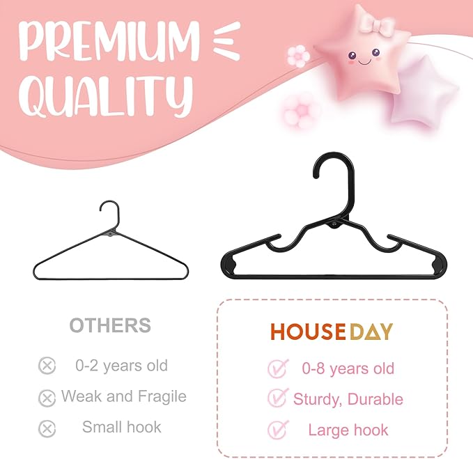 HOUSE DAY Plastic Baby Hangers for Closet 20 Pack, Durable Plastic Kids Hangers for Baby Clothes, Thin & Compact Childrens Hangers, Space Saving Black Baby Hanger, Small Hanger for Kids Clothes