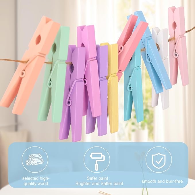 Colored Clothes pins 12 Color, Colorful ClothesPins Wooden Clips for Photos Pictures Decorative Crafts, Decoration clothespins Clothing Hanging clothespins 2.9inch 50PCS (Rainbow Colors)