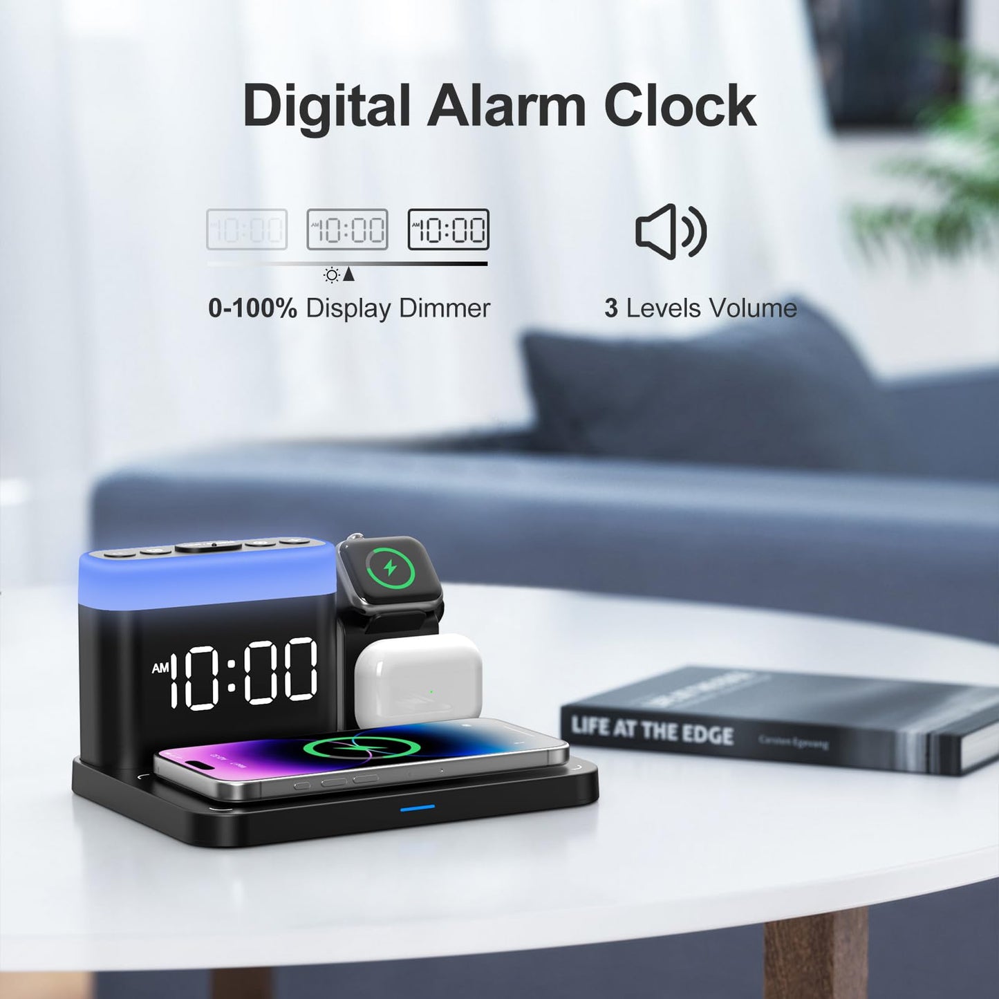 ANJANK Wireless Charging Station,5 in 1 Multiple Charger Stand with Alarm Clock,7 Night Light,Mag-Safe Charging Dock for iPhone 16 15 14 13 12 11 Pro Max Plus,Apple Watch10/9/8/7,for Airpods,Bedrooms