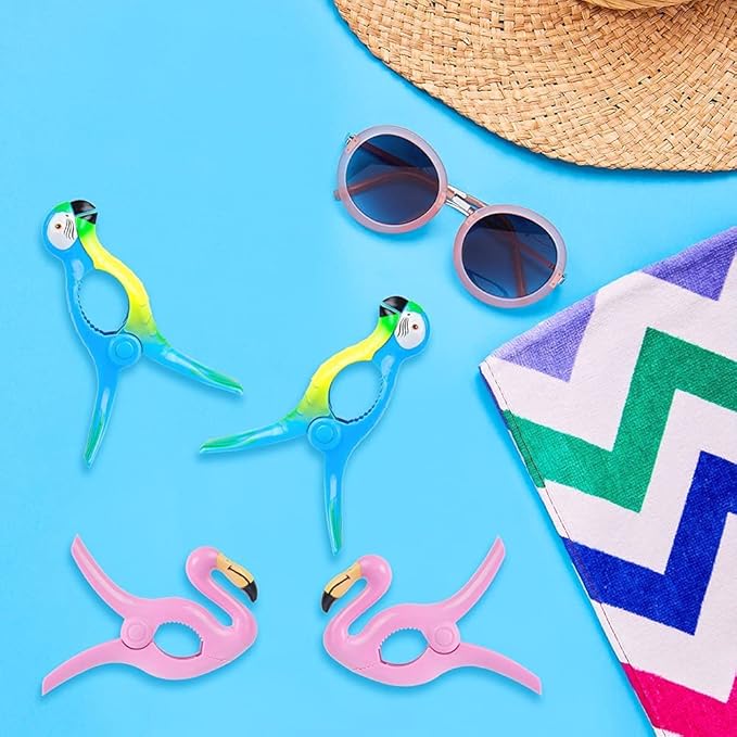 Beach Towel Clips, Sopito Jumbo Size Towel Clips for Beach Chairs Cruise Pool Patio or Daily Use-Secure Hang Seal, Set of 4 (Flamingo Parrot)