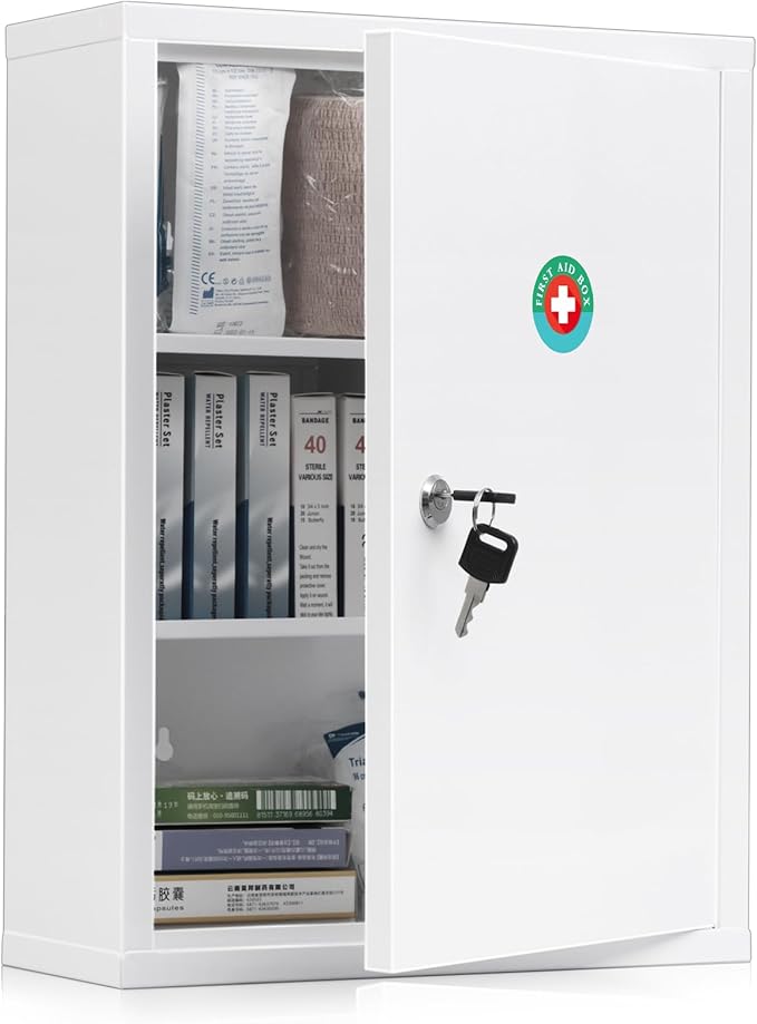 KYODOLED Wall Mount Locking Medicine Cabinet, Large Capacity First Aid Cabinet for Bathroom, Medicine Cabinet with Key, Secure Steel Lock Box for Medication, 15.75" H x 11.82" W x 4.72" D, White