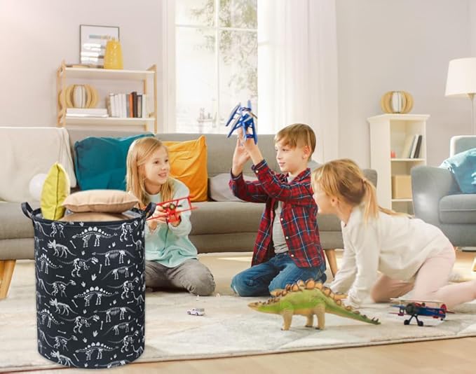 HIYAGON Dinosaur Kids Laundry Basket Kids Laundry Hamper Baby Nursery Hamper for Boys and Girls Cute Toy Storage Organizer Bins Blue Dinosaur Room Decor Gift Basket Bedroom(Black Dinosaur)