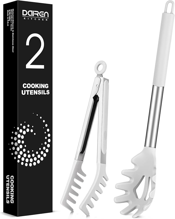 Silicone Spaghetti Spoon and Pasta Tong, Server Fork with teeth,10" & 13"