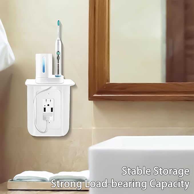 Outlet Shelf, Bathroom Wall Holder with Built-in Cable Management, Wall Organizer for Smart Home Decor Space Saving Electric Toothbrush Use as Echo Holder (2 Pack)