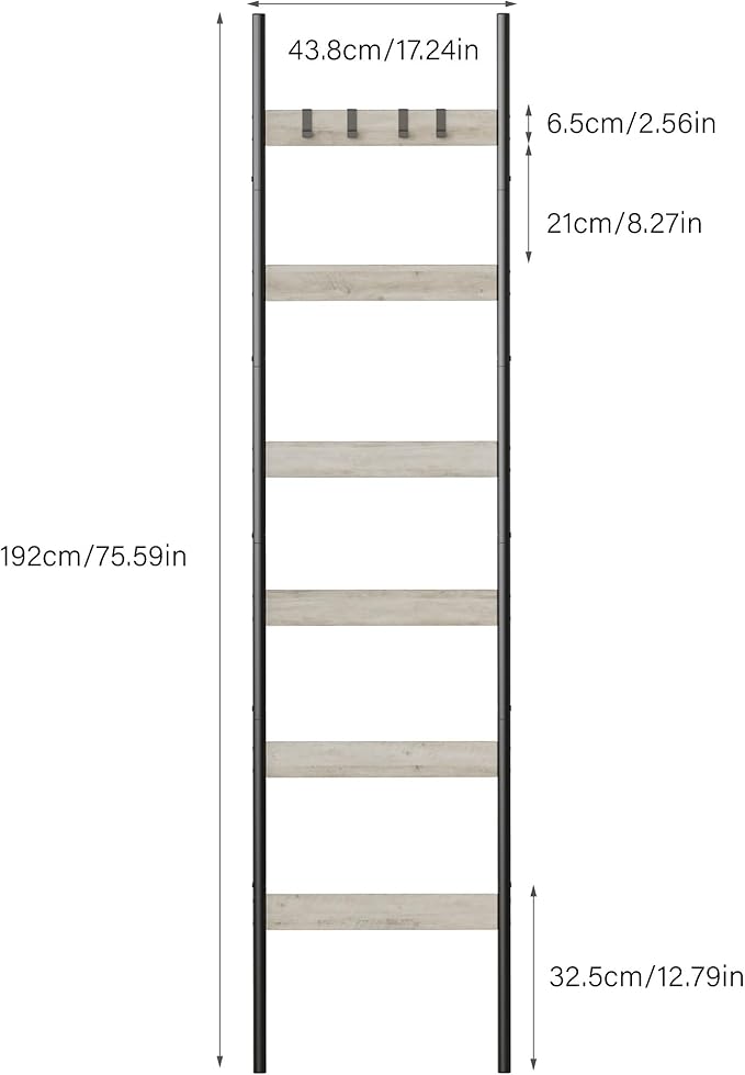 Blanket Ladder, 6-Tier Towel Holder with 4 Removable Hooks, Farmhouse Wall Leaning Decorative Rack Shelf, Wooden Towel Display Rack, Quilt Ladder for Living Room, Bedroom, Greige